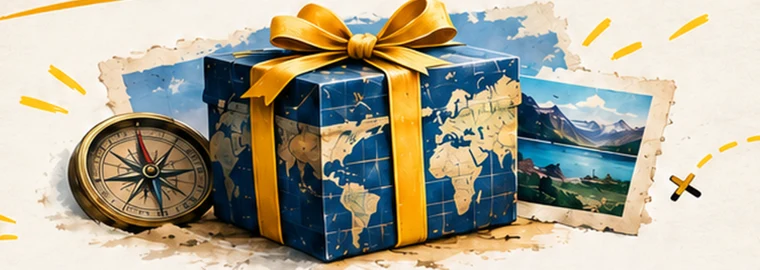 A gold-ribbon gift wrapped in a world map, beside a compass and travel pictures